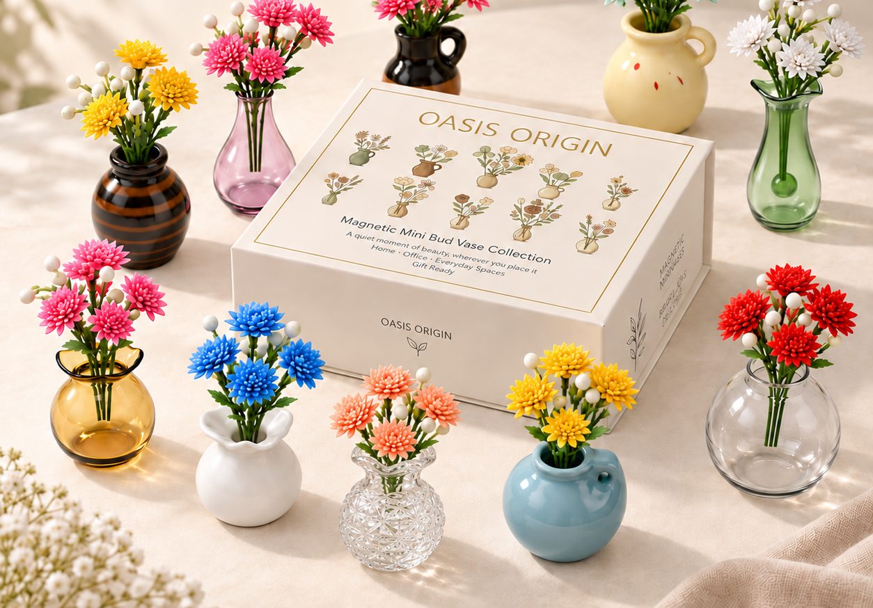 The OASIS ORIGIN gift box surrounded by ten mini vases with colorful flowers