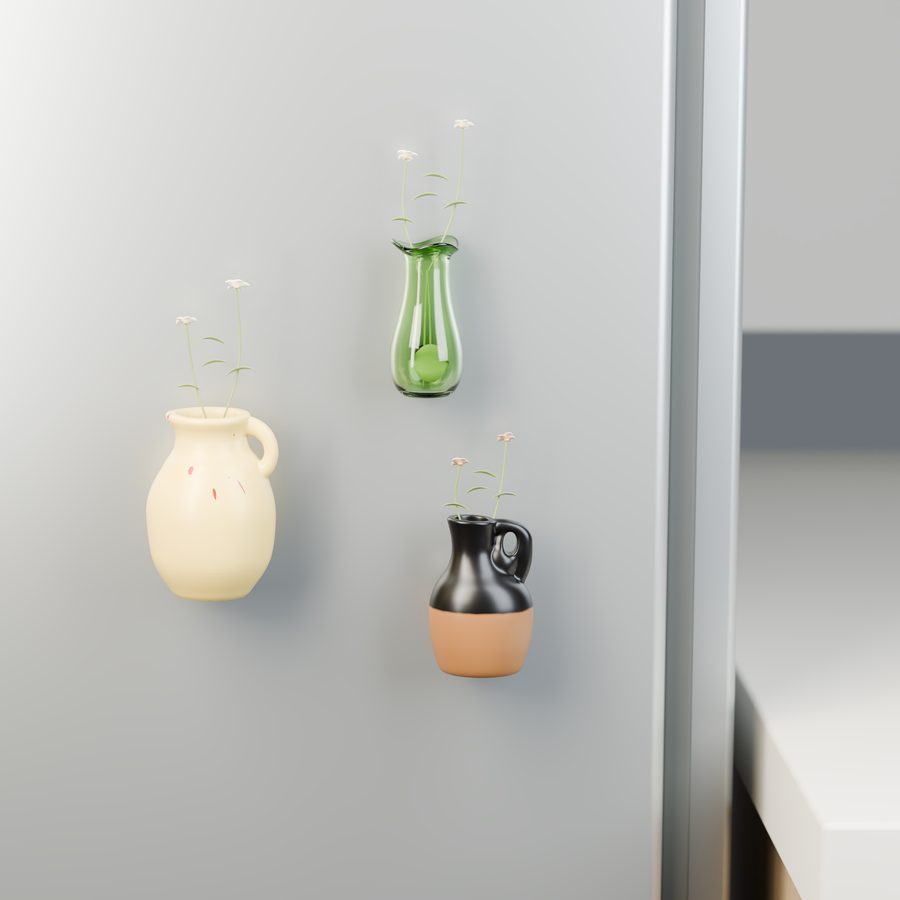 Cream pitcher, green glass and two-tone pitcher vases on a refrigerator door