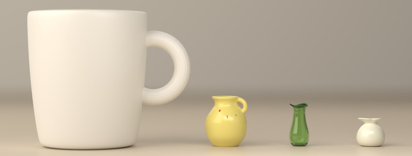 Three mini vases beside a standard coffee mug for scale